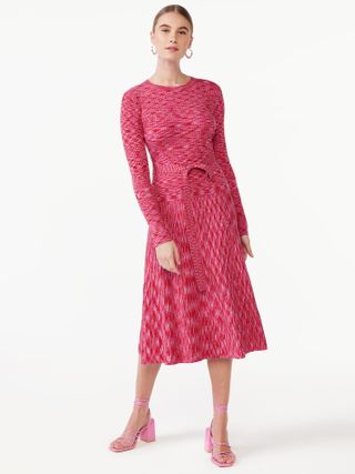 Scoop + Space Dye Ribbed Midi Dress with Long Sleeves
