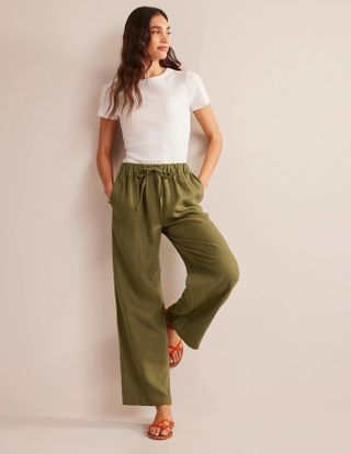 Boden + Relaxed Pull-On Linen Trousers in Capulet Olive