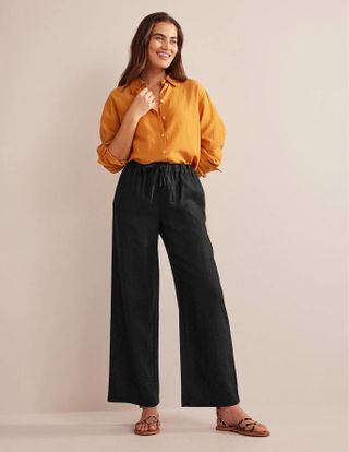 Boden + Relaxed Pull-On Linen Trousers in Black
