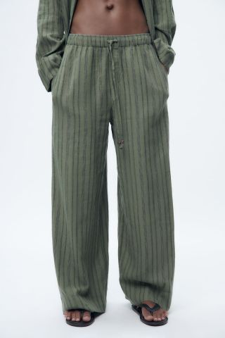 Zara + Striped Linen Blend Trousers