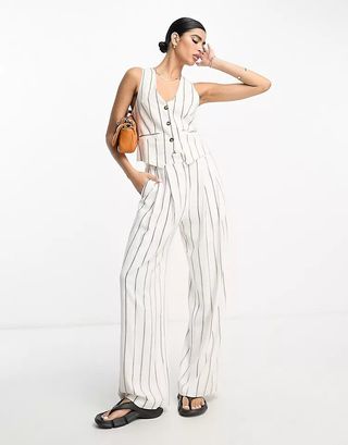 ASOS Design + Striped Inverted Pleat Wide Leg Trousers with Linen