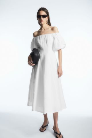 COS + Off-the-Shoulder Puff-Sleeve Midi Dress