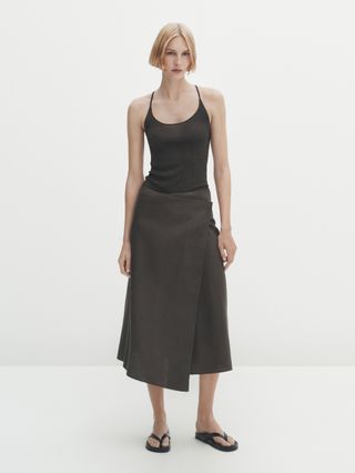 Massimo Dutti + Asymmetric Wrap-Style Linen Midi Skirt