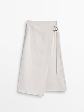 Massimo Dutti + Linen Blend Wrap Midi Skirt with Buckle
