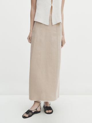 Massimo Dutti + 100% Linen Midi Skirt with Seam Detail