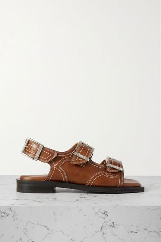 Ganni + Topstitched Leather Slingback Sandals