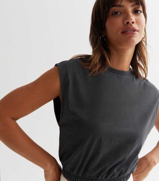 New Look + Dark Grey Cotton Ruched High Neck Tank Top