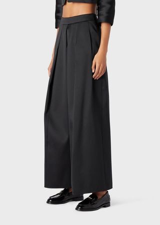 Emporio Armani + Wide Trousers with Godet Pleat in Mikado Fabric