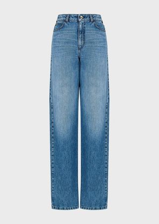 Emporio Armani + J4B High-waisted Wide-leg Jeans in Worn-look Denim with Petal Keyring