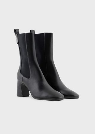 Emporio Armani + Nappa Leather High-heeled Ankle Boots with Elastic Insert