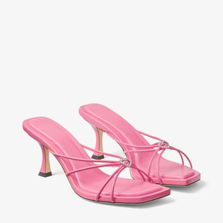 Jimmy Choo + Candy Pink Nappa Leather Mules With Crystal Hearts