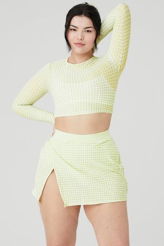 ALO + Mesh Gingham Cropped Long Sleeve in Iced Green Tea