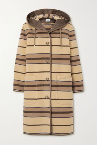 Burberry + Hooded Striped Leather-Trimmed Wool Coat