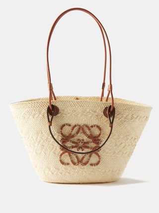 Loewe + Anagram-Logo Leather-Trim Woven Basket Bag