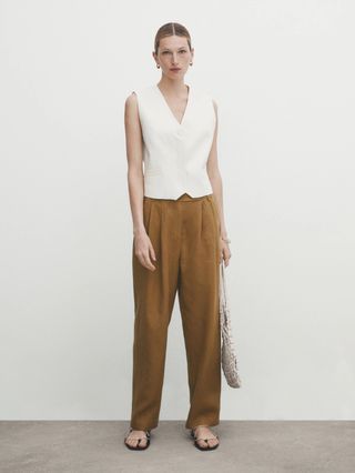 Massimo Dutti + Linen and Cotton Blend Trousers With Double Dart Detail in Ochre