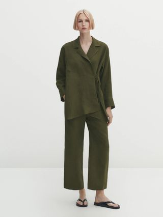 Massimo Dutti + Cropped 100% Linen Trousers With Pockets