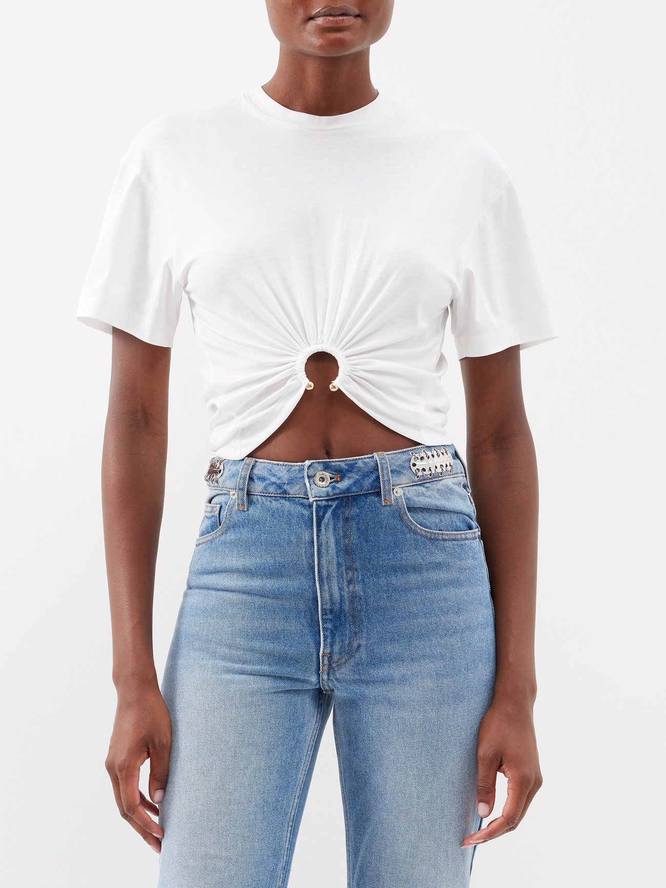 Paco Rabanne + Ring Hardware Ruched Cotton-Jersey Cropped T-Shirt