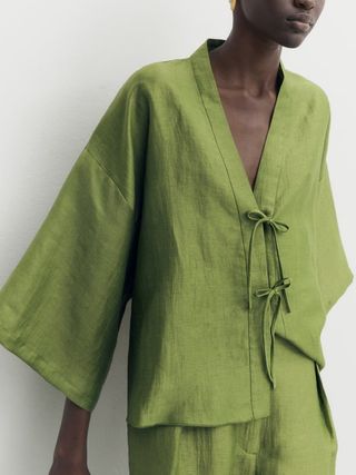 Zara + Linen Blend Kimono Blouse With Bows