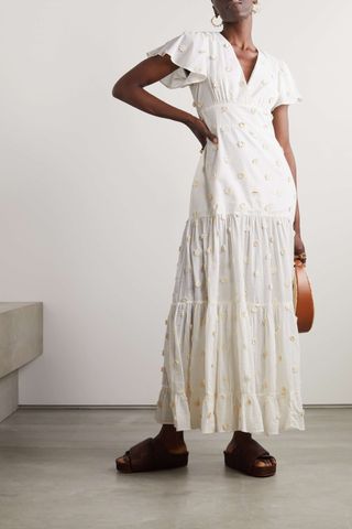 Rixo + Delicia Tiered Appliquéd Cotton-Voile Midi Dress