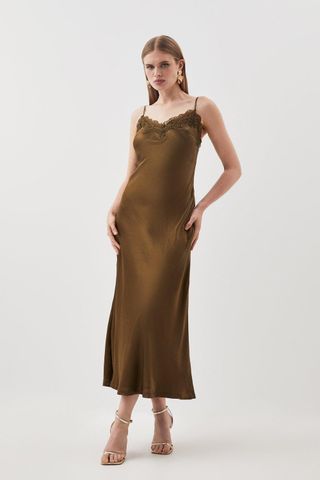 Karen Millen + Satin Lace Woven Midaxi Dress