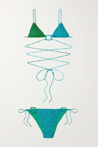Oséree + Lumière Flirty Embellished Two-Tone Metallic Bikini