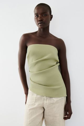 Zara + Ruched Strapless Top in Light Khaki
