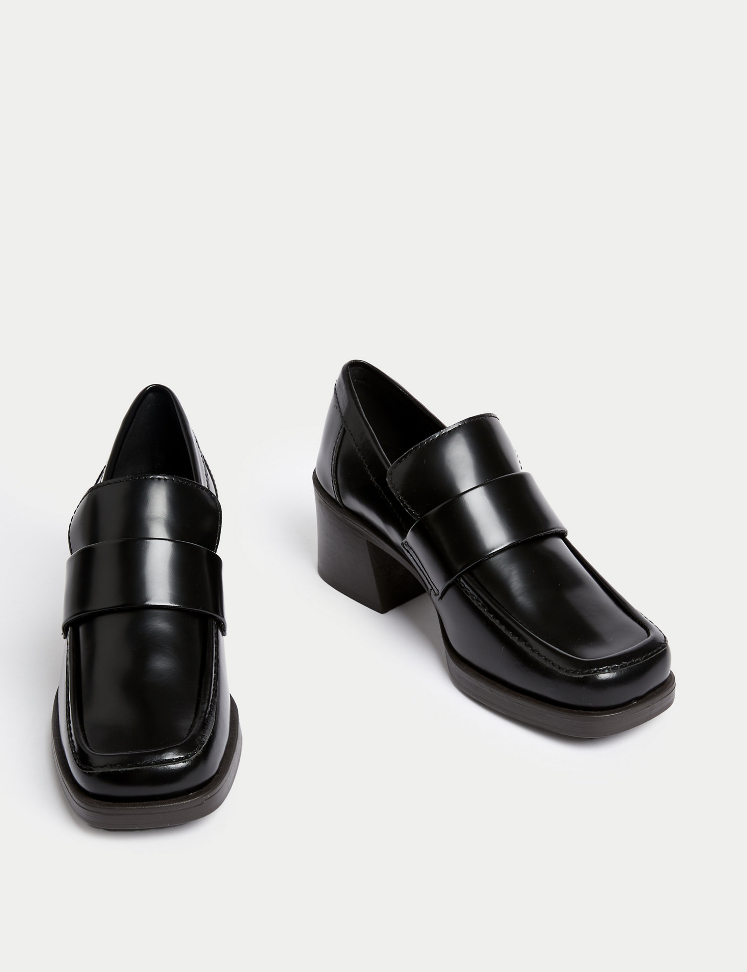 M&S Collection + Leather Block Heel Square Toe Loafers