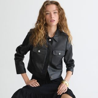 J.Crew + Cropped Faux-Leather Jacket with Jewel Buttons