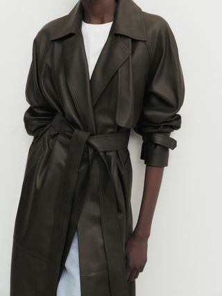 Massimo Dutti + Nappa Leather Trench-Style Coat with Belt