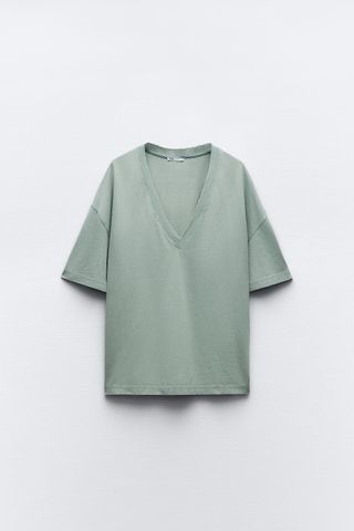 Zara + Washed Effect T-Shirt With V-Neck Collar