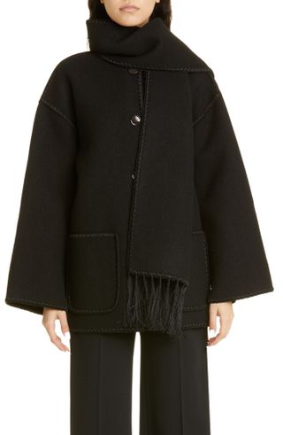 Totême + Chain Stitch Wool Blend Scarf Jacket in Black
