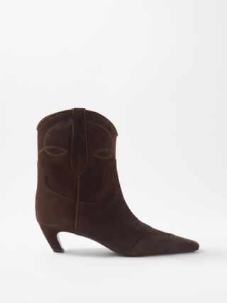Khaite + Dallas Pointed-Toe Suede Boots in Brown