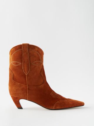 Khaite + Dallas Suede Point-Toe Boots in Caramel
