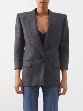 Saint Laurent + Cropped-Sleeve Wool-Tweed Blazer