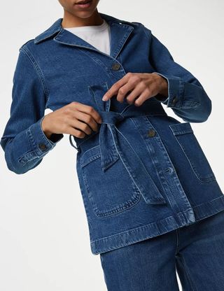 M&S Collection + Cotton Rich Denim Belted Revere Collar Jacket