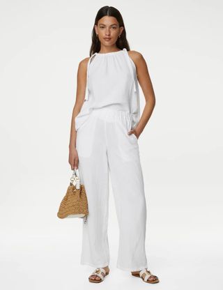 M&S Collection + Pure Cotton Wide Leg Trousers