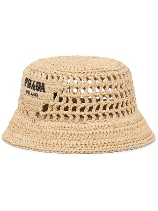 Prada + Logo-Embroidered Woven Raffia Hat