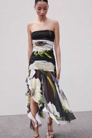 Zara + Strapless Printed Tulle Dress