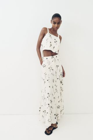 Zara + Embroidered Linen Blend Top