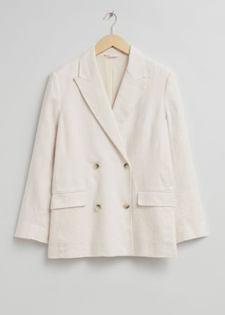 & Other Stories + Relaxed Double-Breasted Linen Blazer in Cream