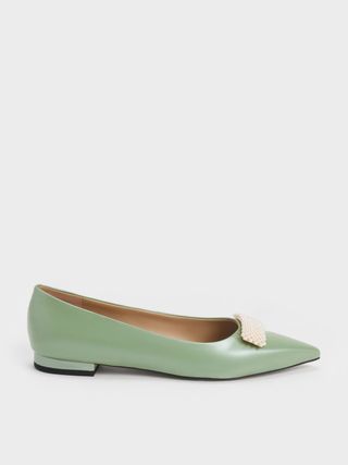 Charles & Keith + Leather Pointed-Toe Beaded Ballerinas
