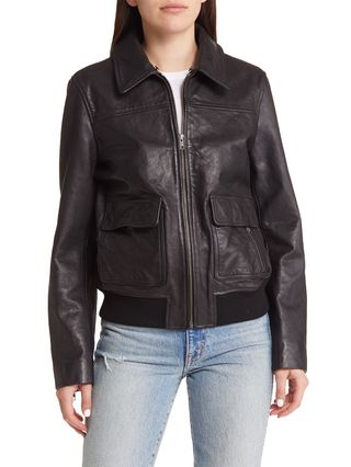 Treasure & Bond + Leather Bomber Jacket With Removable Faux Shearling Trim