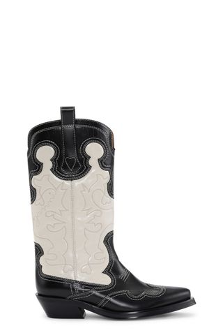 Ganni + Black/White Mid Shaft Embroidered Western Boots