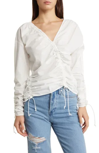 Topshop + Ruched Cotton Poplin Top