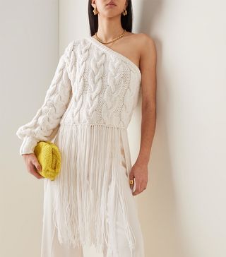 Alejandra Alonso Rojas + Fringed Cable-Knit Cashmere One-Shoulder Sweater