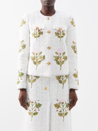 Giambattista Valli + Rose-Embroidered Cotton-Blend Bouclé Jacket