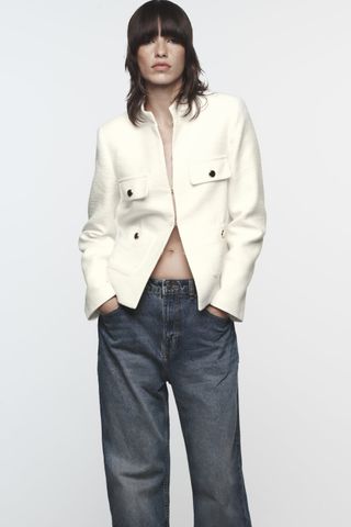 Zara + Textured High Collar Blazer