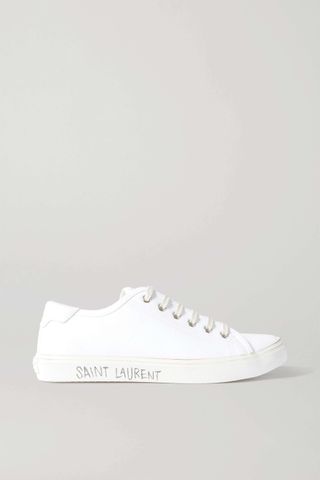 Saint Laurent + Malibu Leather-Trimmed Distressed Cotton-Canvas Sneakers