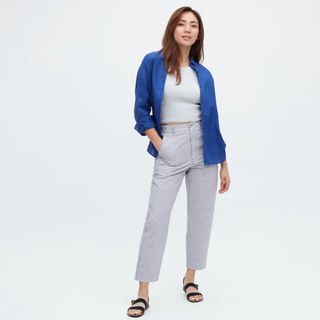 Uniqlo + Linen Cotton Blend Striped Tapered Trousers