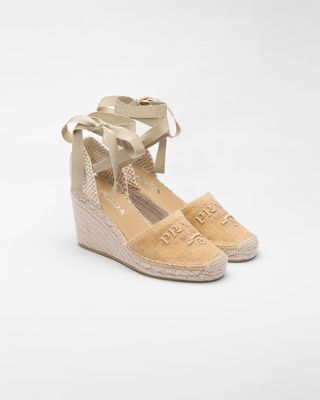 Prada + Linen Espadrille Wedge Sandals in Beige